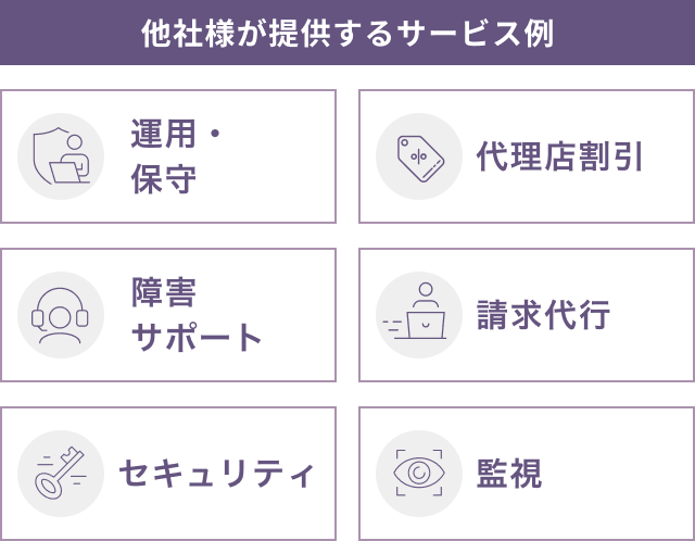 他社様が提供するサービス例：運用・保守、障害サポート、セキュリティ、代理店割引、請求代行、監視